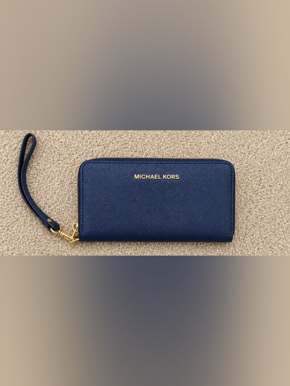 Michael Kors Navy Saffiano Zip-Around Wristlet Wallet with Gold Logo